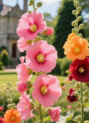 200Pcs Rainbow Hollyhock Seeds – Mixed Colors, Tall and Elegant Blooms for Garden Walls and Vertical Displays